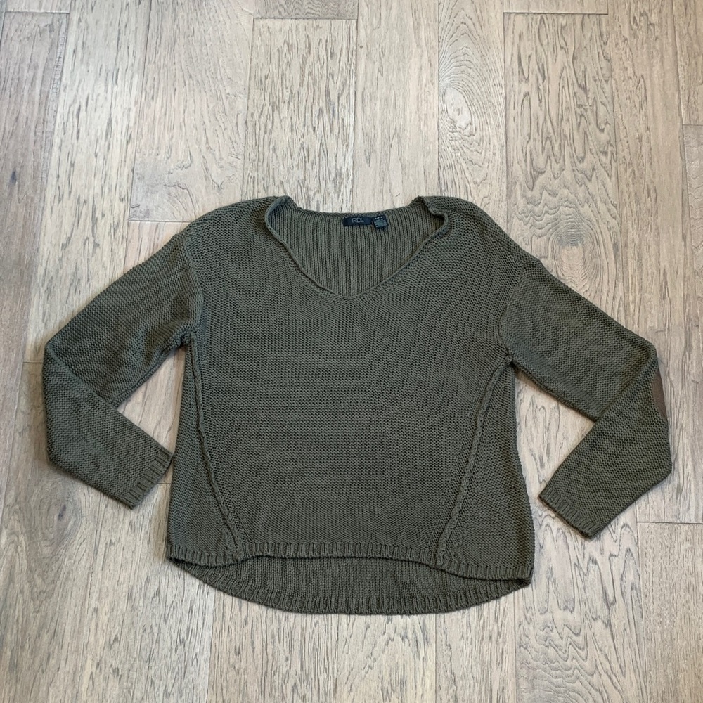 RDI Olive Green V-Neck Women's Sweater With Elbow Patches Size Small